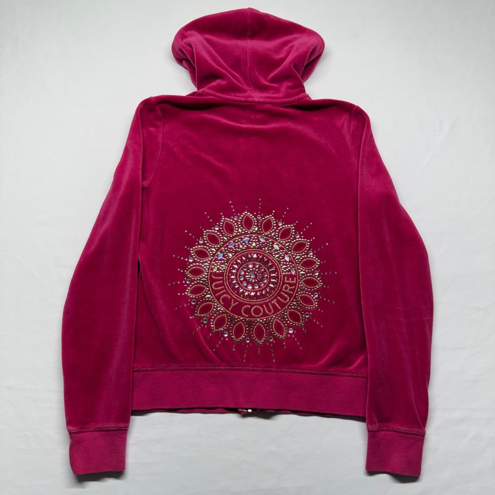 Juicy Couture Black Label Velour Hoodie M Pink Rhinestone Logo Full Zip Y2K